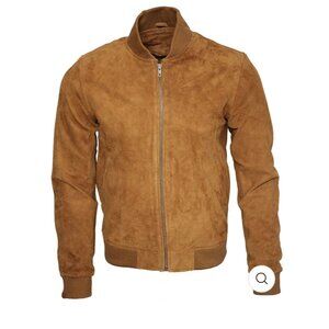 NWT Mens Varsity Suede Leather Bomber Jacket Large Tan Brown